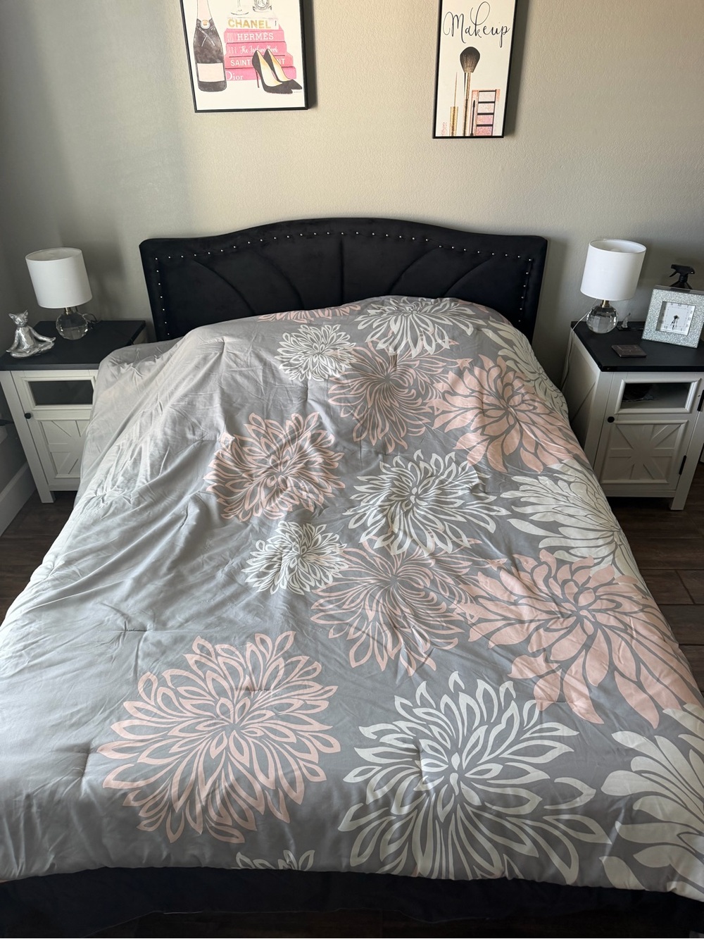 Gray and Blush Floral Comforter Set - Neutral Modern Bedding